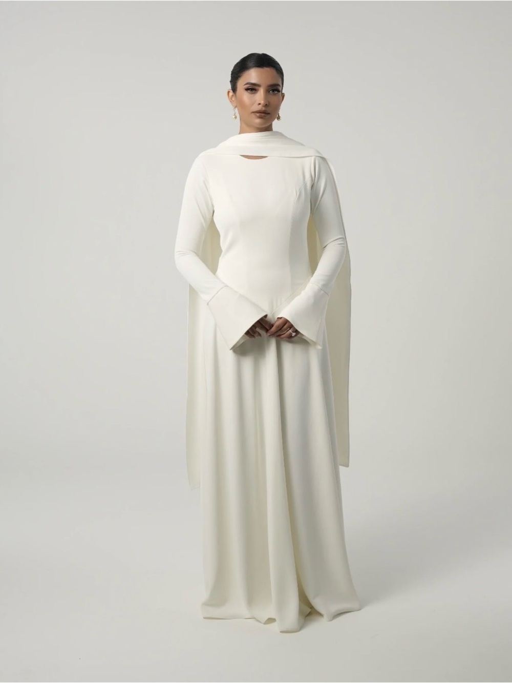 Elegant Ivory Long Sleeve Maxi Dress with Cape Detail